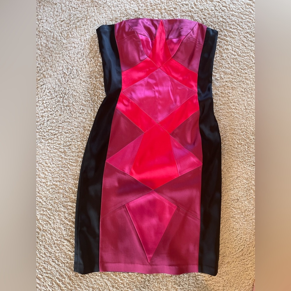 Cache Satin Pink & Red Colorblock Strapless Knee … - image 1